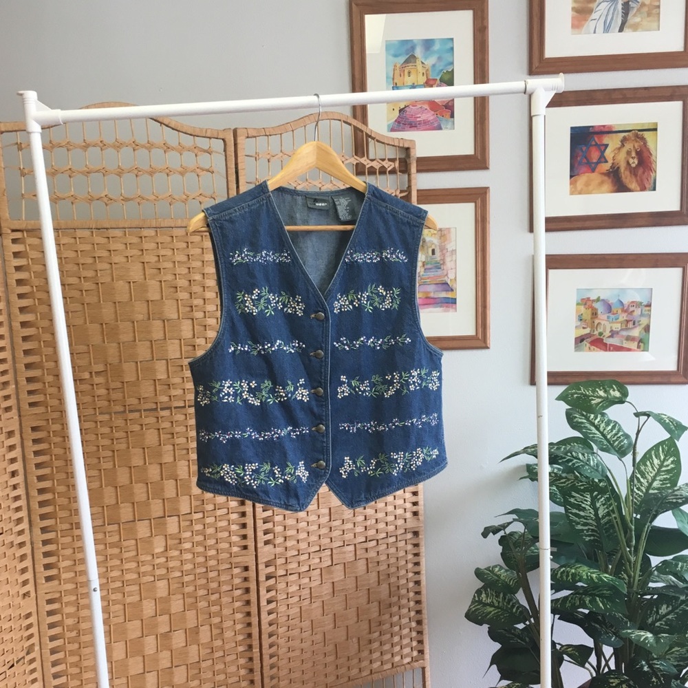 Vintage Floral Embroidered Denim Vest L